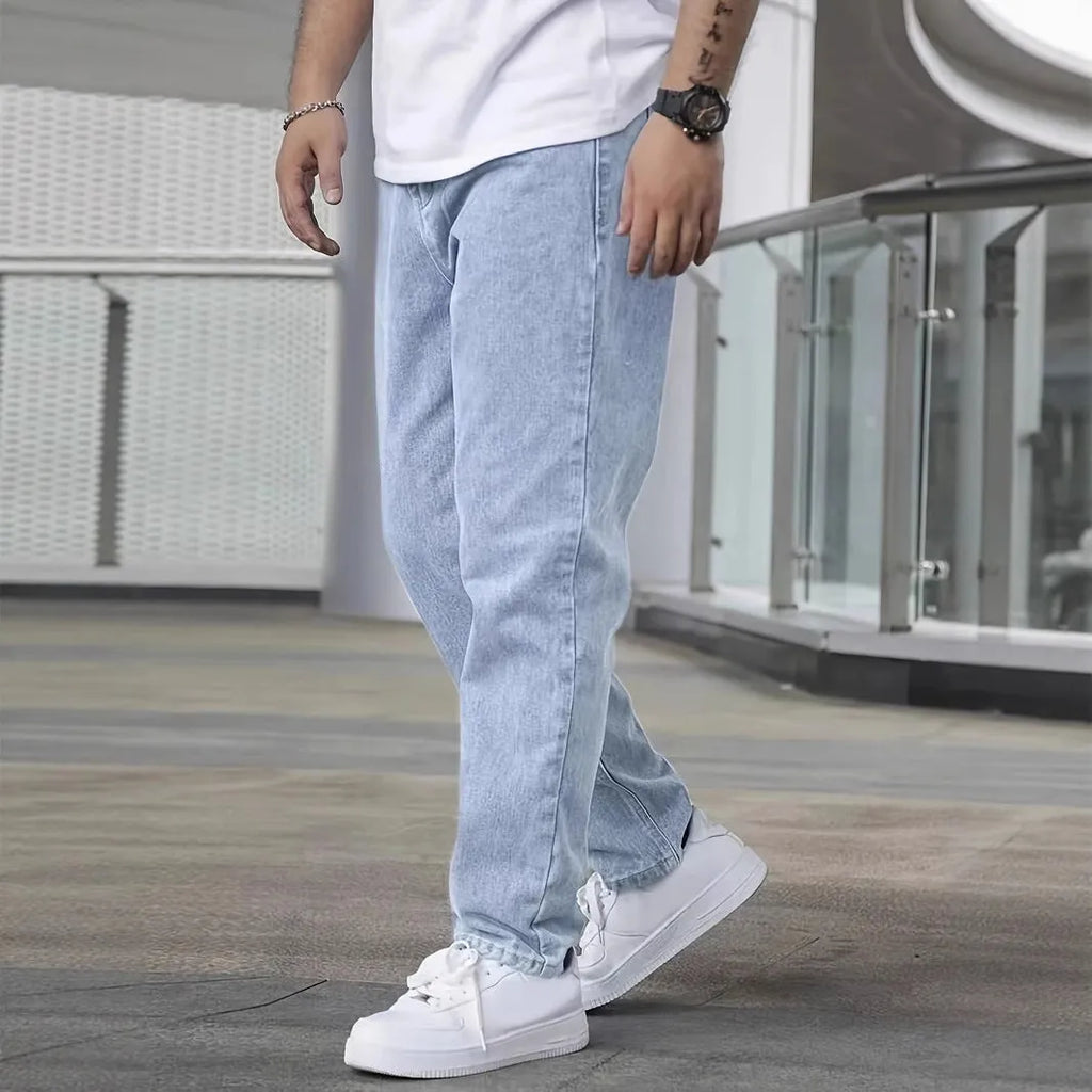 Youth slim jeans for men, light blue cotton straight-leg trousers with zip fly