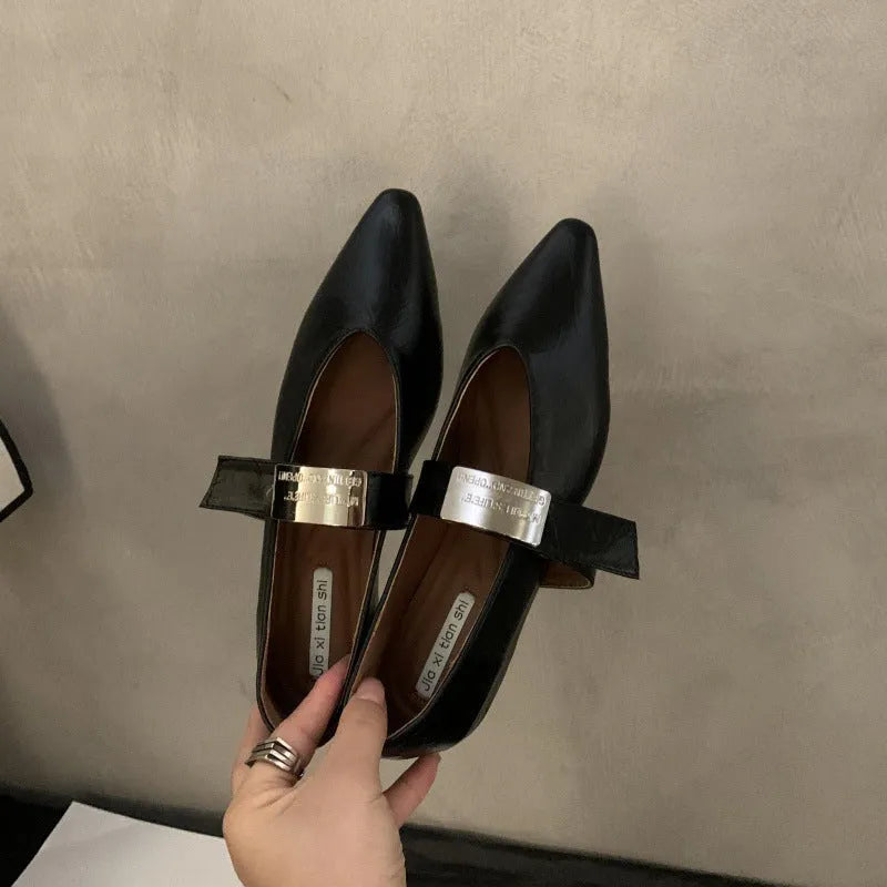 Women's silver Mary Jane shoes with pointed toe, buckle fastening, and low heel