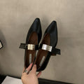 Women's silver Mary Jane shoes with pointed toe, buckle fastening, and low heel