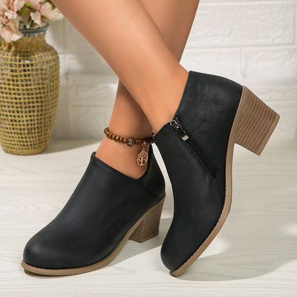 Women's chunky heel ankle boots with side zipper in blue, black, and khaki