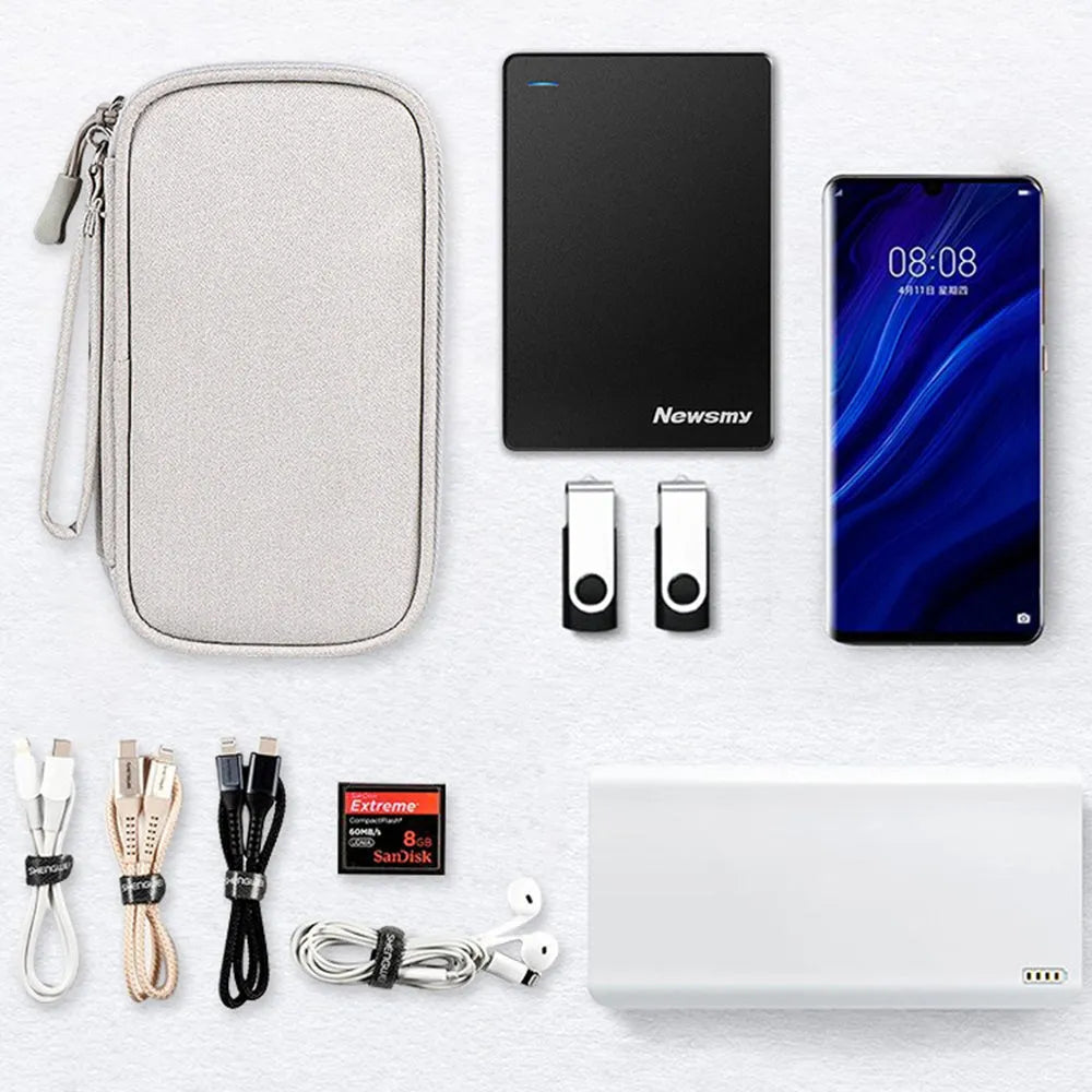 Multifunctional data cable storage bag in black double layer 19x11x5.5cm with power bank and cables inside