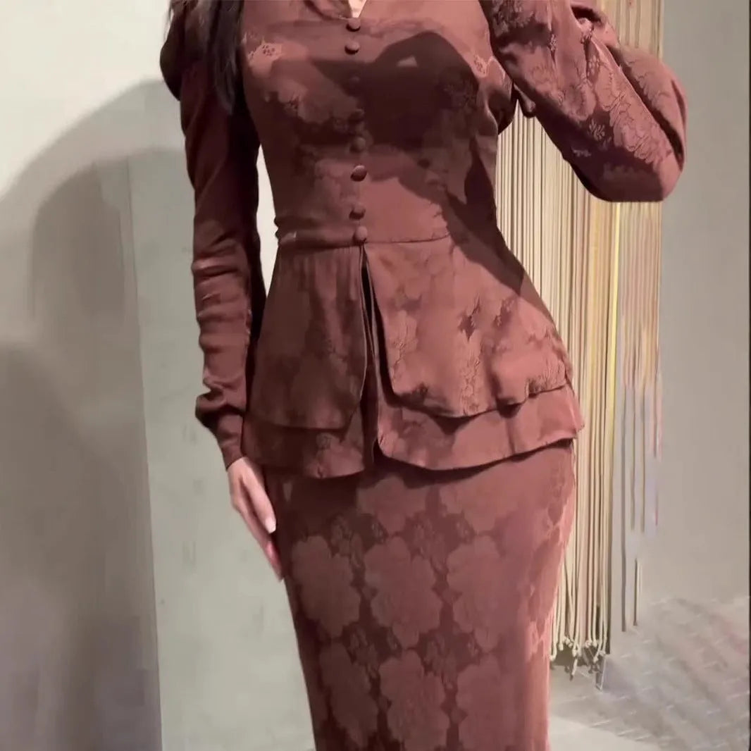 Dark brown long sleeve women's dress with floral pattern and button details on a fake two-piece design.