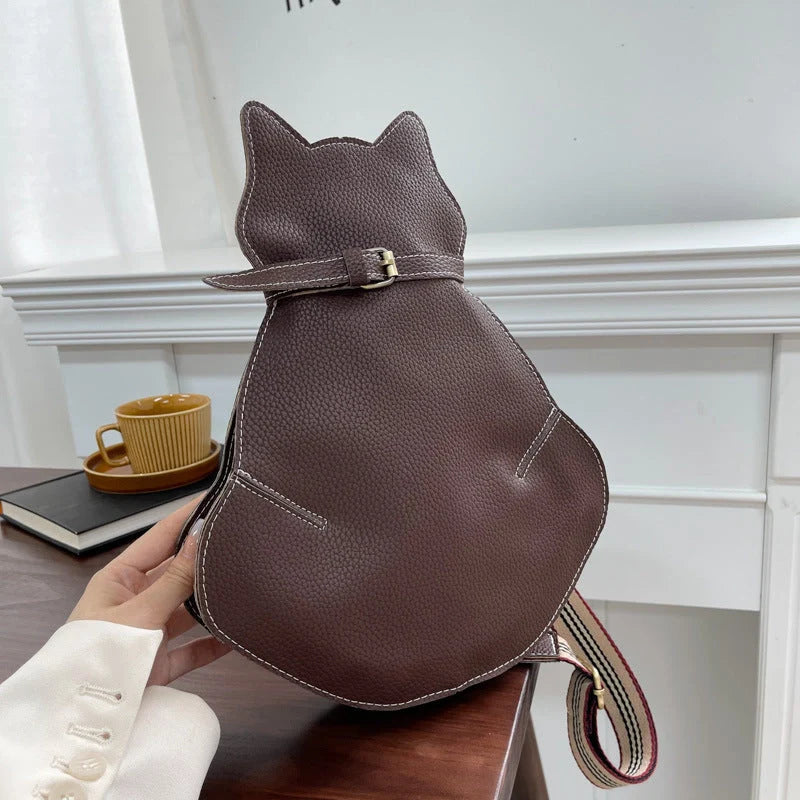 Women's trendy cat-themed messenger shoulder bag in black, coffee, and brown
