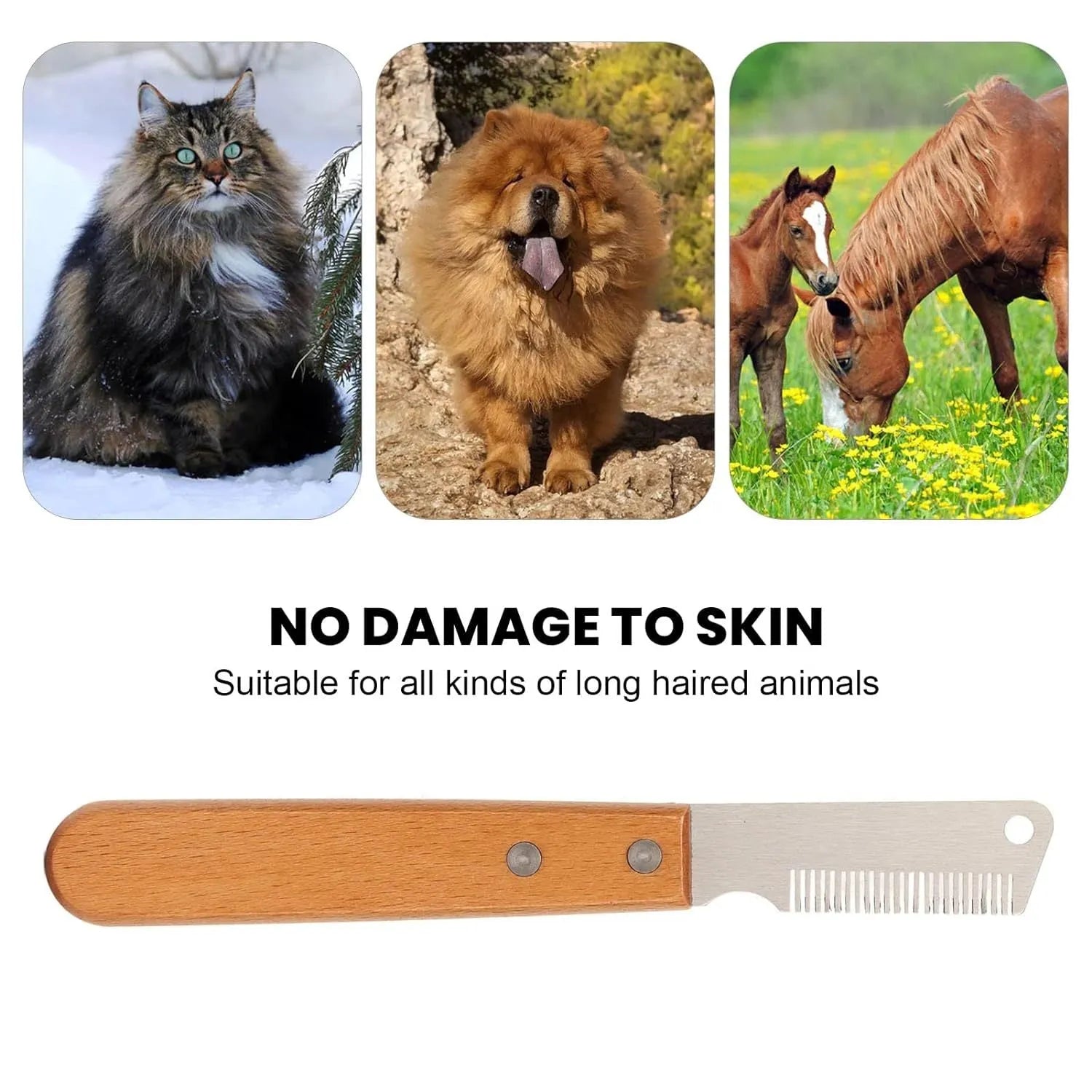 Pet stripping comb grooming tool with wood handle and metal teeth, shown in long and short size options.