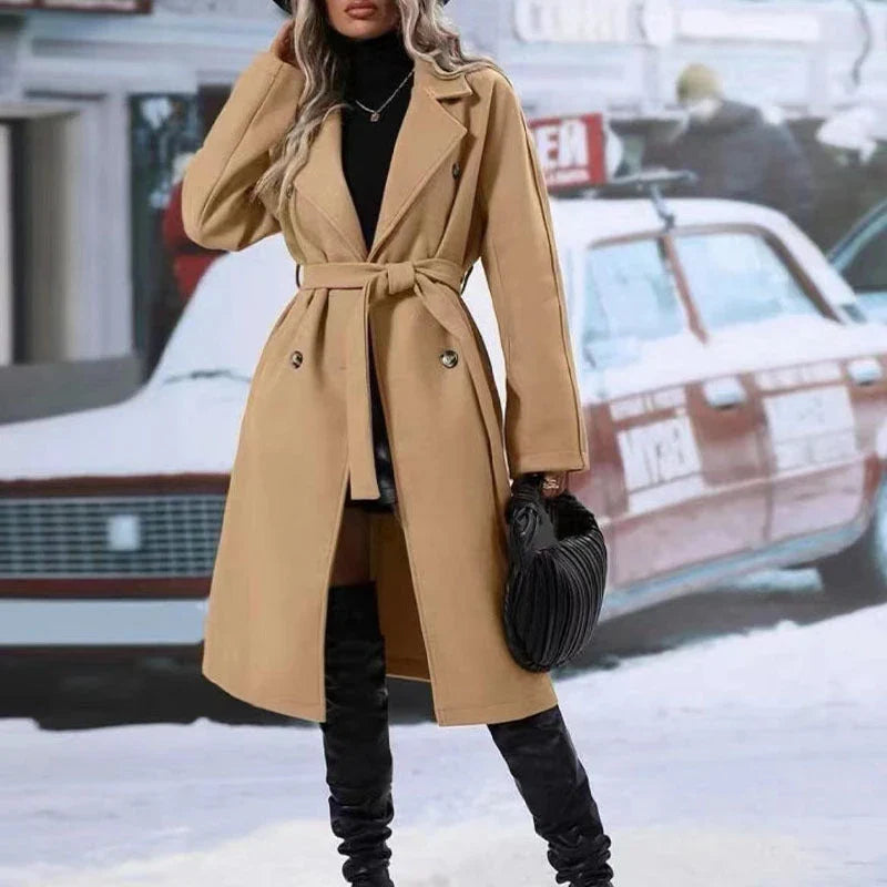 Double-breasted trench coat in red, black, and khaki colors with adjustable belt for a customized fit