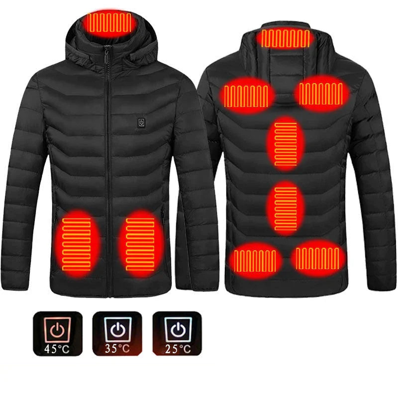 Heated puffer jacket with 9 heating zones, adjustable hood, and insulation for skiing in cold weather