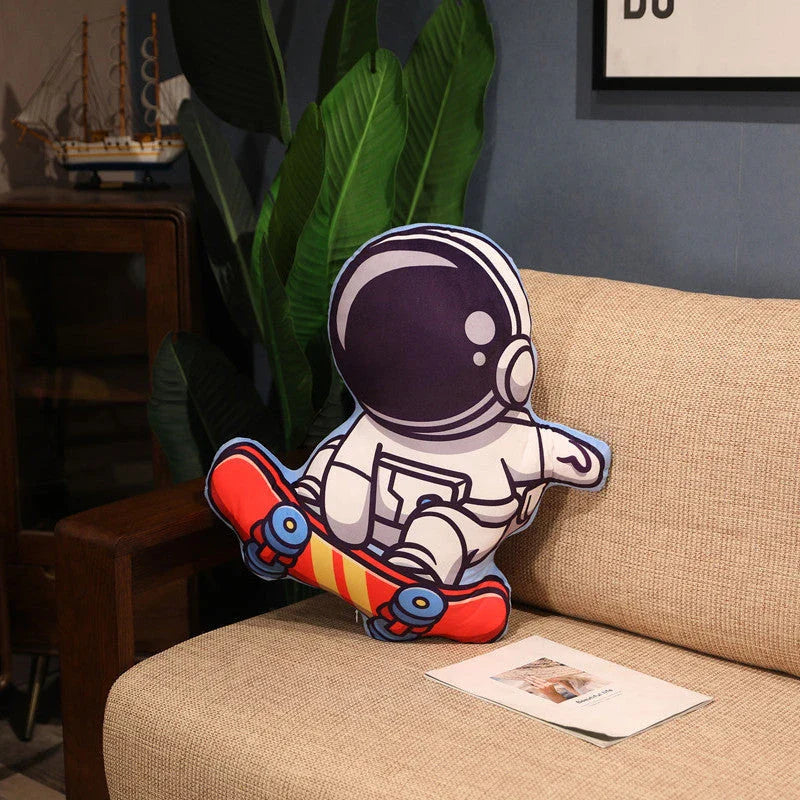 Cozy space-themed plush pillow with astronaut, rocket, and spacecraft motifs for kids