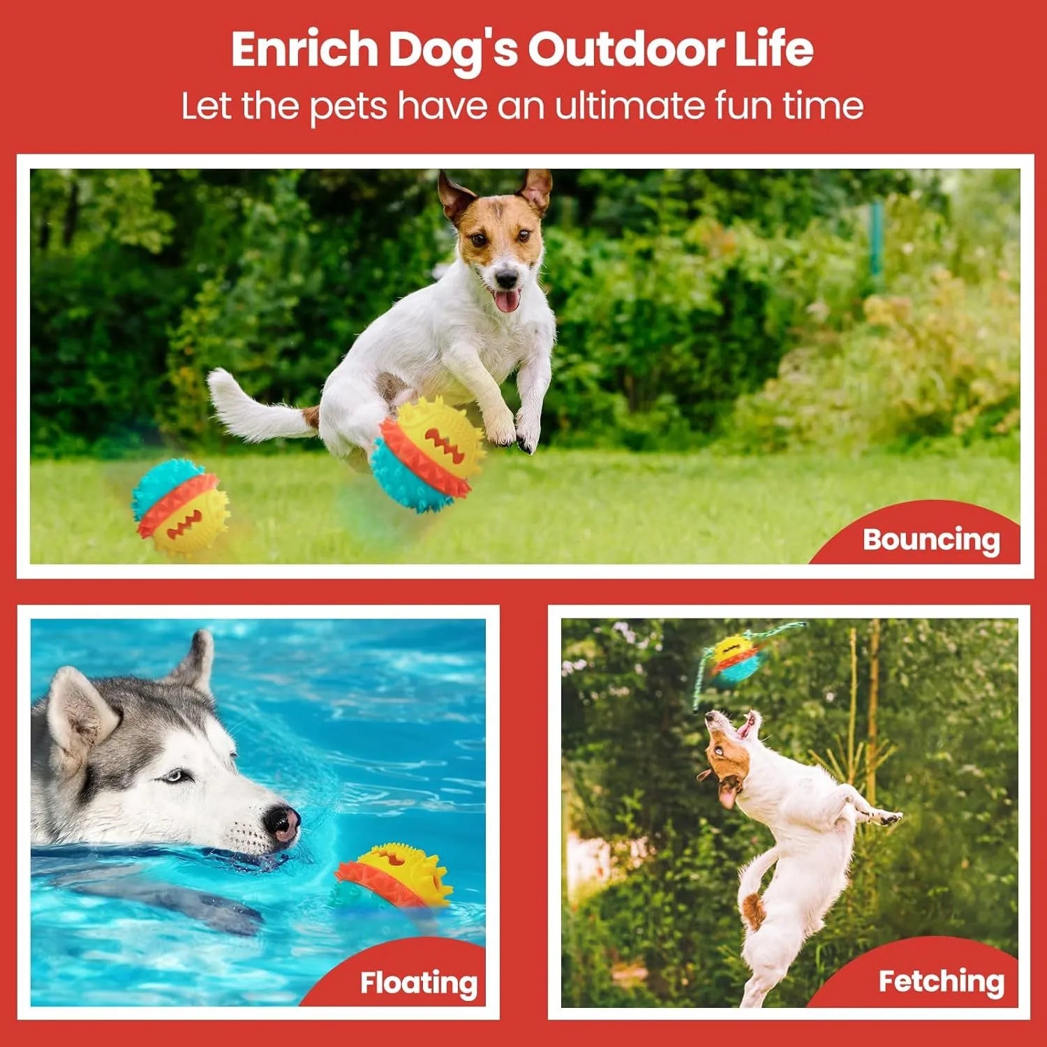 Blue and red ball-shaped dog chew toy with rope and treat hole for aggressive chewers.