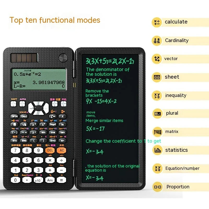 Foldable scientific calculator with integrated digital notepad for versatile productivity