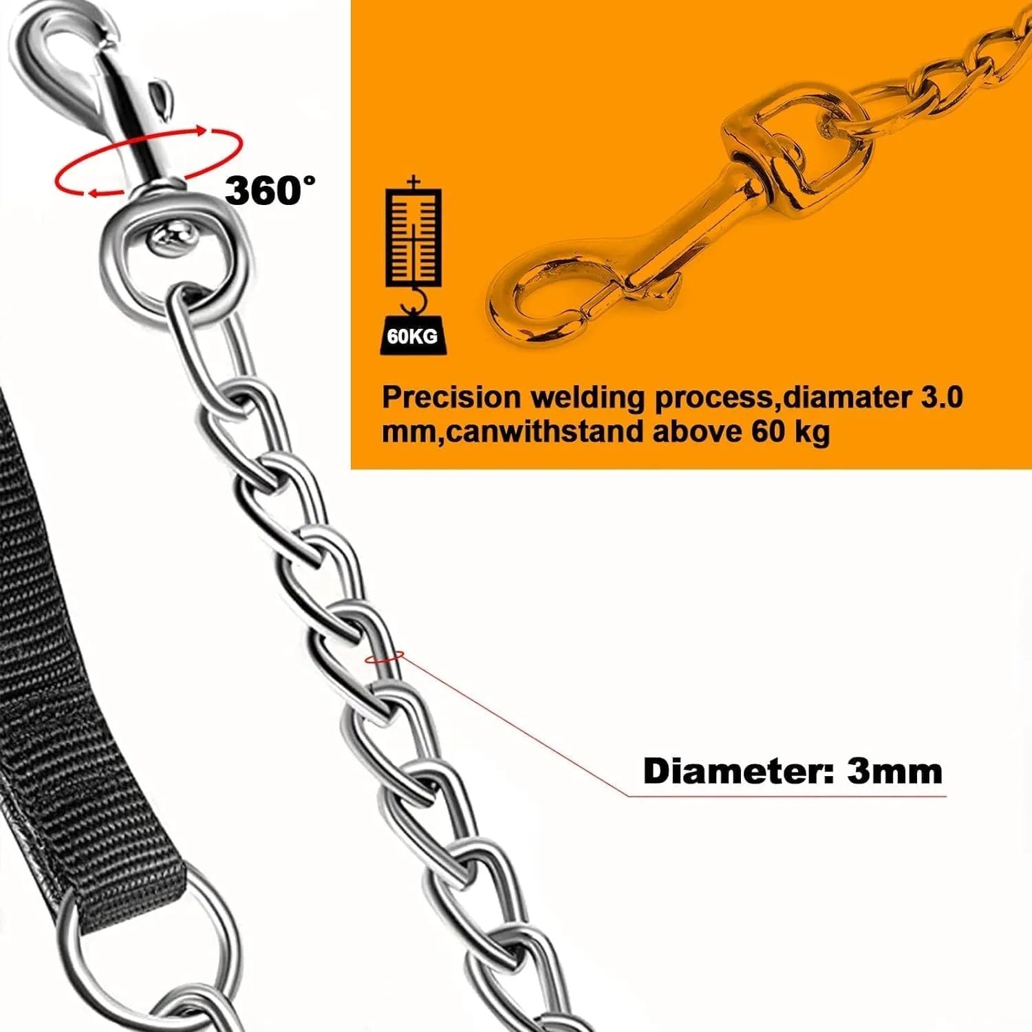 Heavy duty metal dog leash with a soft black padded handle and a silver chain, shown alongside blue and red colour options.