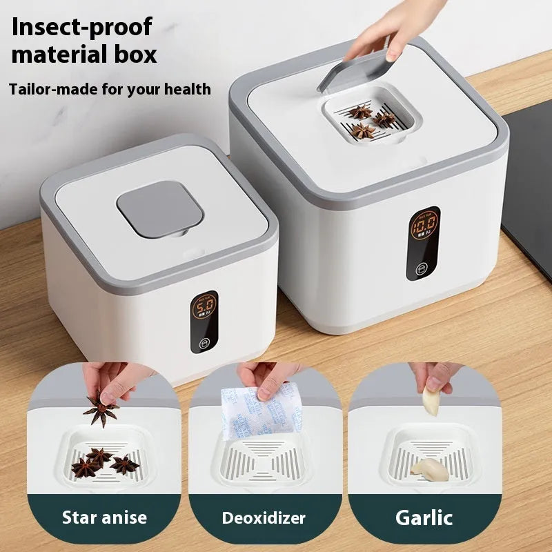 Grey plastic insect-proof sealed rice storage jar with a measuring cup, shown in a kitchen setting.