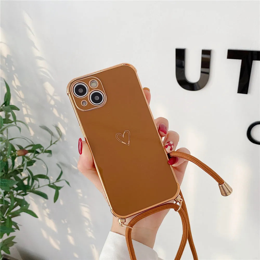 Hollow Love crossbody lanyard phone case for Apple iPhone with electroplating stripe and geometry design, TPU back cover, multiple colours