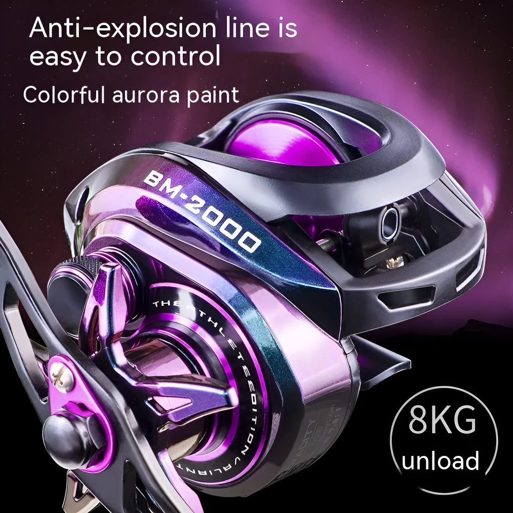 BM2000 fishing reel with magnetic brake system shown in water drop shaped body design