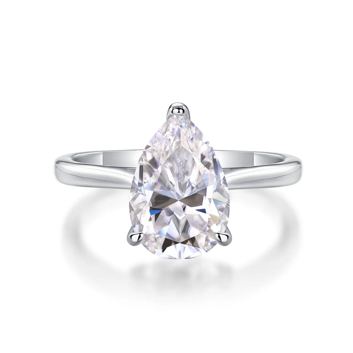 Heart-shaped pear-cut moissanite wedding ring set in S925 silver with platinum plating on white background