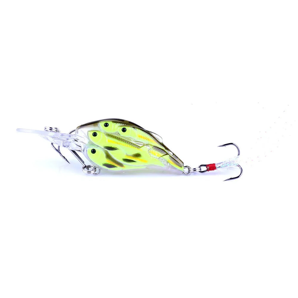 A 7.5 cm long ABS plastic fishing lure with a feather hook, shown in one of nine available colours.