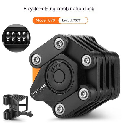 Black bicycle combination lock with flip-action mechanism and 4-digit dials for key-free security