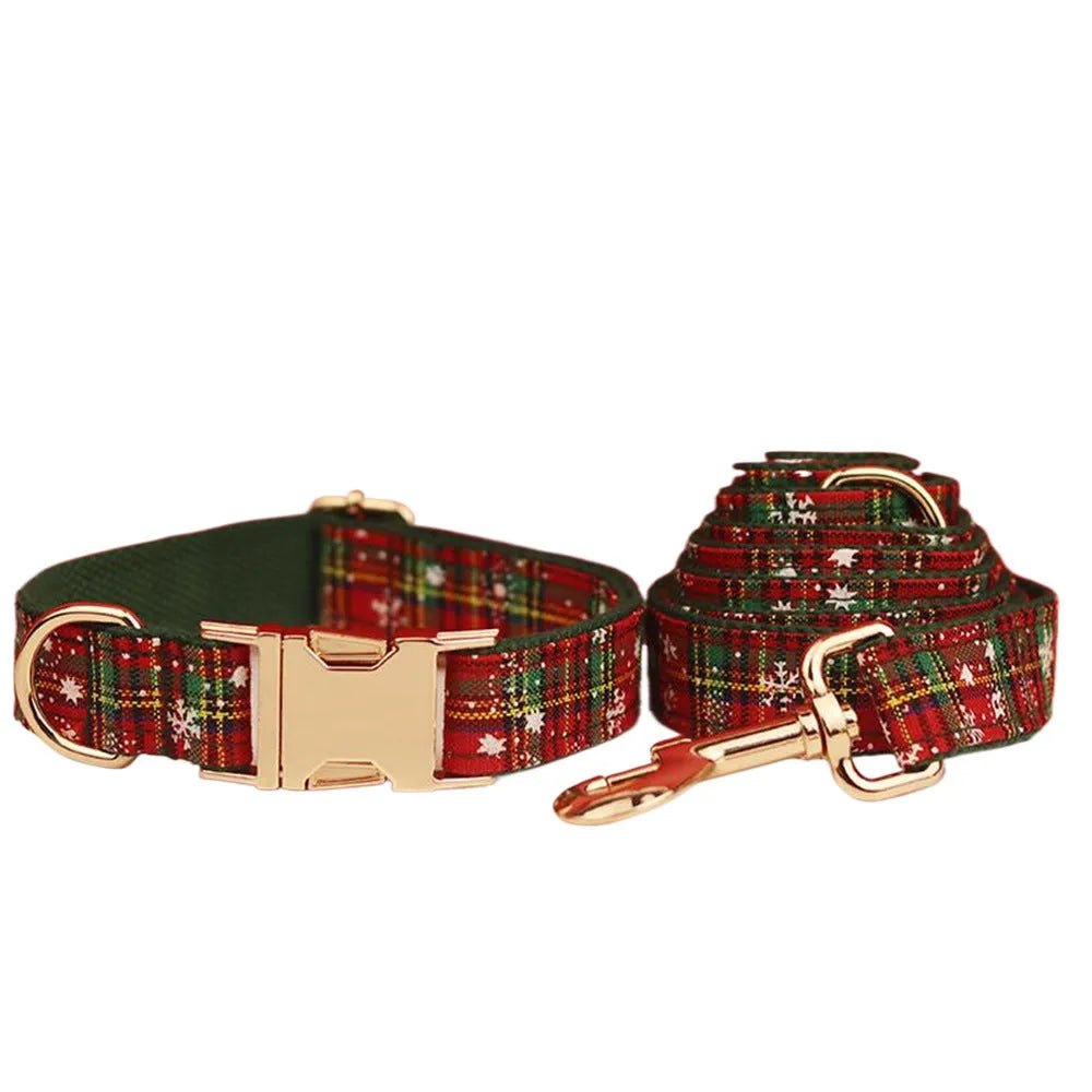 Green snowflake Christmas dog collar set with matching leash, bow tie, and dog vest for holiday pet outfits
