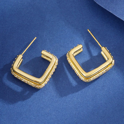 Gold electroplated three-layer square stud earrings with unique geometric design