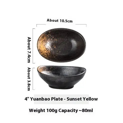Oval Japanese ceramic sauce dipping bowl on a table, showing an example pattern option.