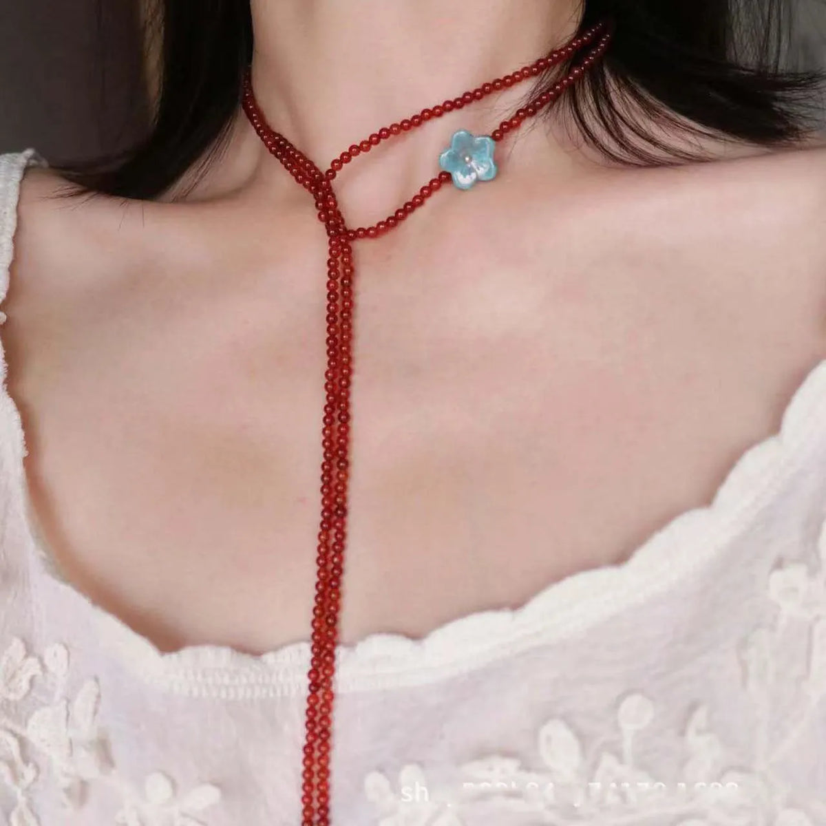 Red agate beaded necklace with acrylic geometric pendant and regular chain