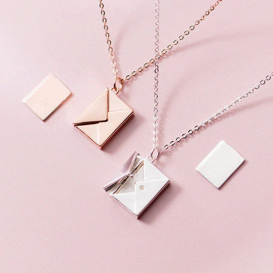 Elegant titanium steel envelope-shaped pendant necklace in silver, rose gold, and gold colors