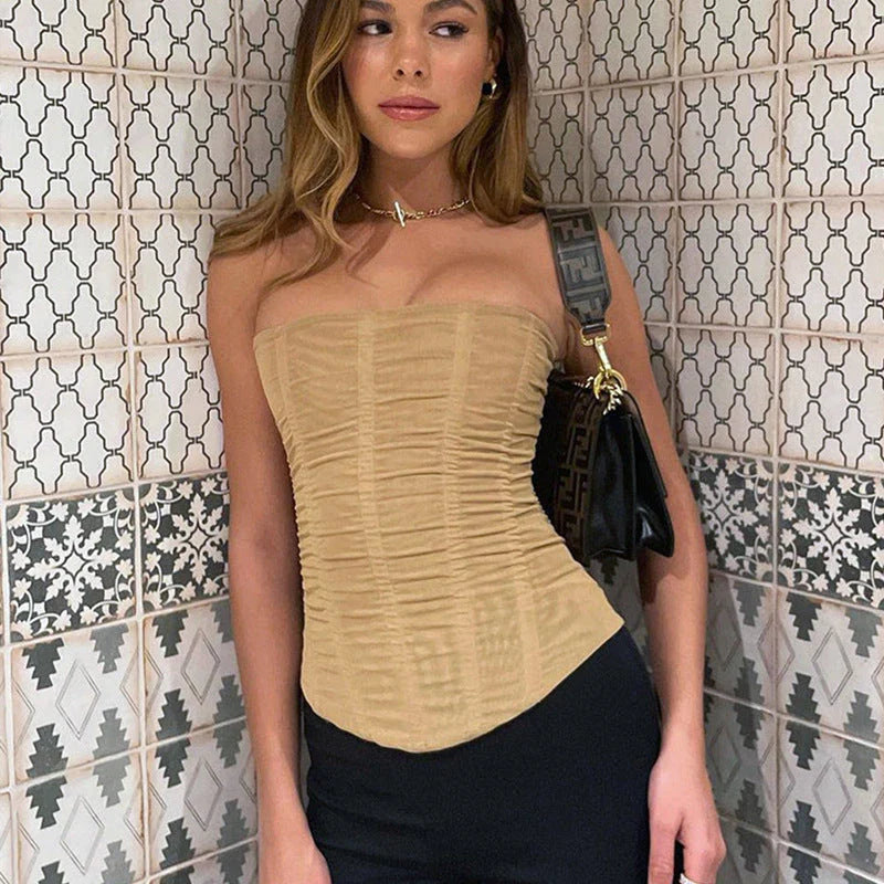 Sleeveless mesh crop top in black, khaki, and white colors for women's summer fashion