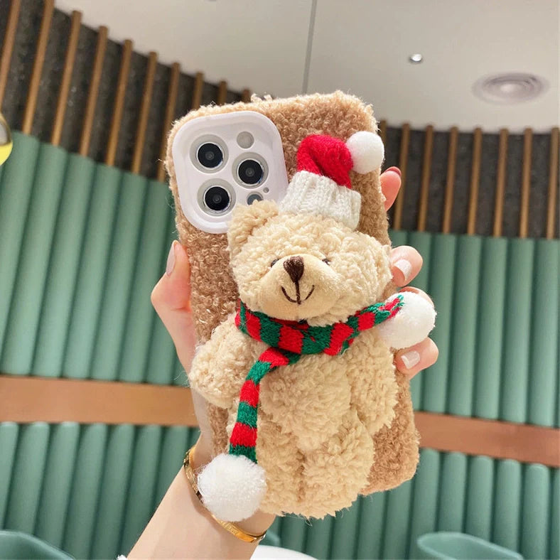 White and brown Christmas bear plush iPhone case showing TPU construction and precise cutouts
