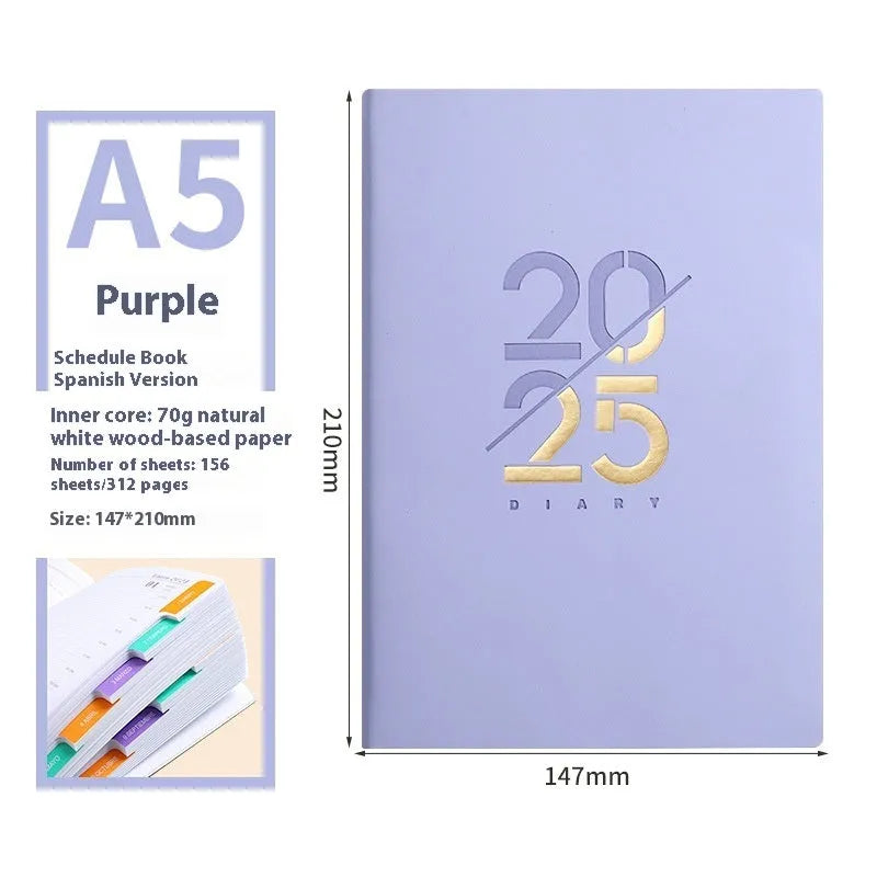 A5 2025 daily planner with soft faux leather cover in blue, green, pink, purple, or yellow.