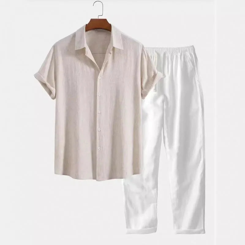 Men's loose fit casual short sleeve shirt and trousers set in linen-style fabric.