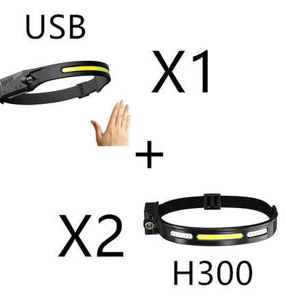 A hands-free LED headlamp with induction activation, wide-angle beam, and powerful illumination for outdoor adventures.