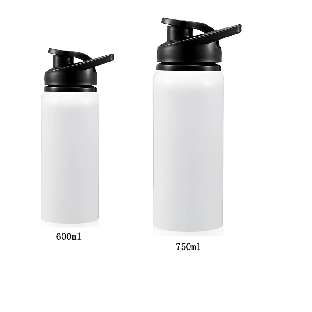 White aluminium sports water bottle with 600ml and 750ml capacity options for cycling and outdoor use