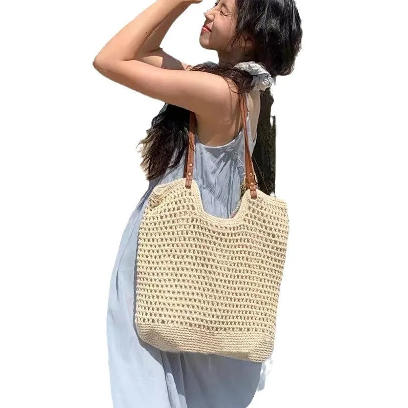 Beige woven cotton linen shoulder bag with large capacity, shown with magnetic snap and zipper closure options.