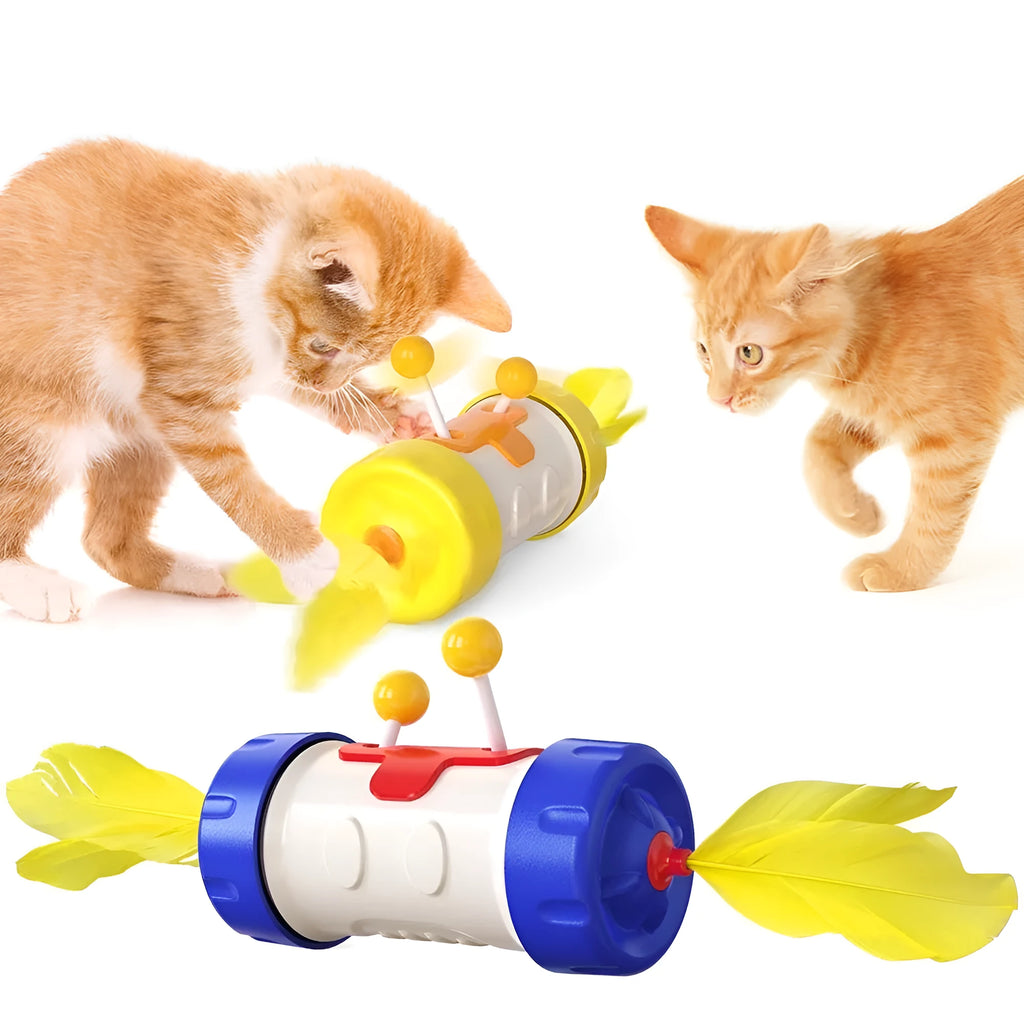 Cat toy stick pole with feather tumbler ball in multiple colour options