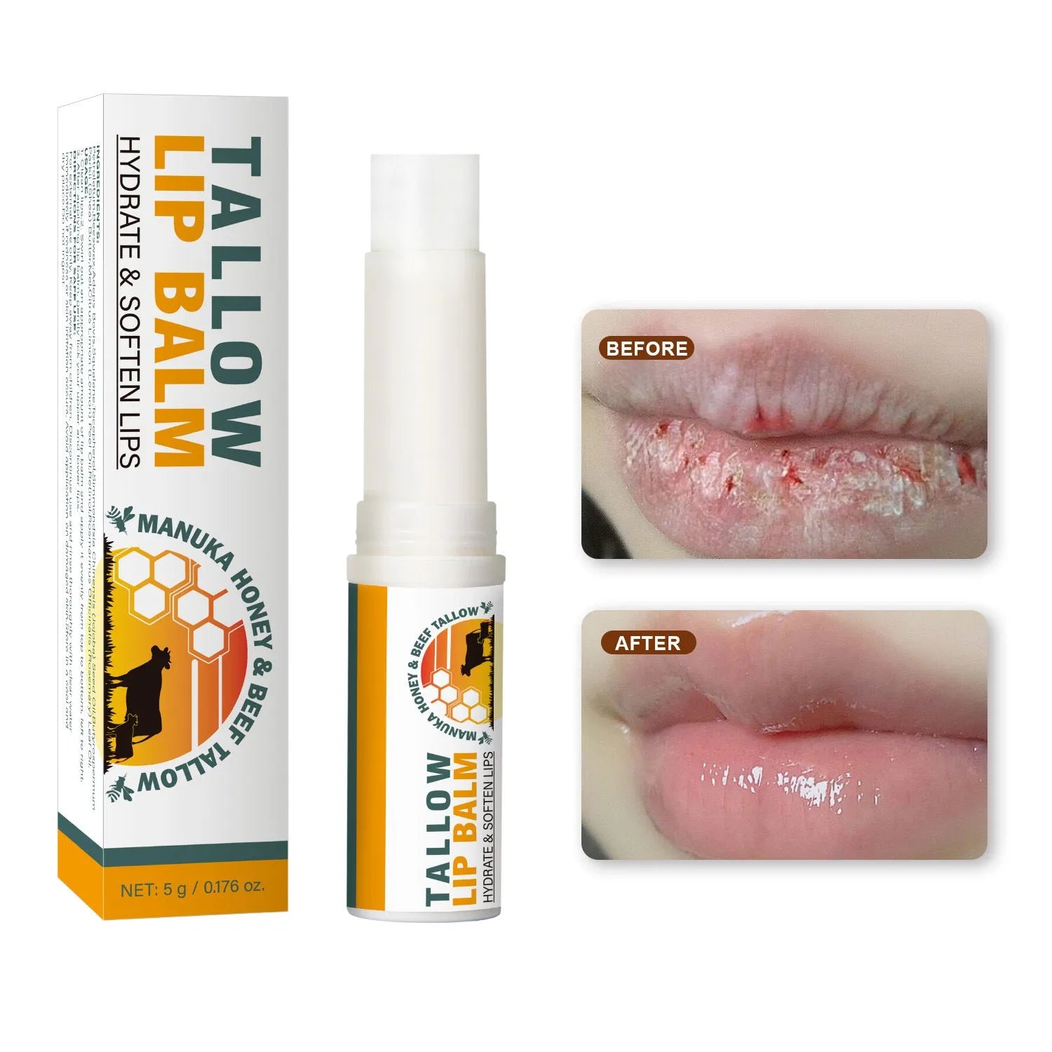 Refillable tallow lip balm stick in tin container showing 83mm length