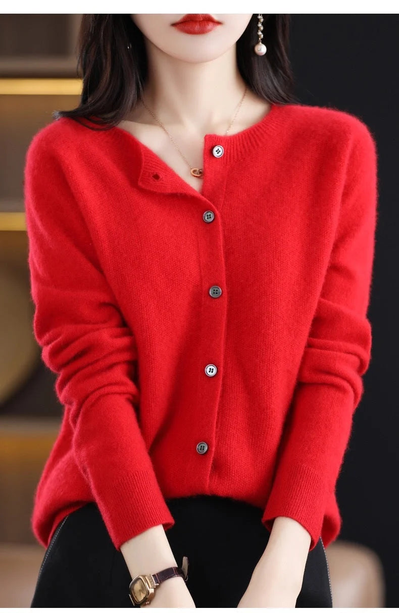 Women's merino wool cardigan in various colours, featuring an O-neck and long sleeves