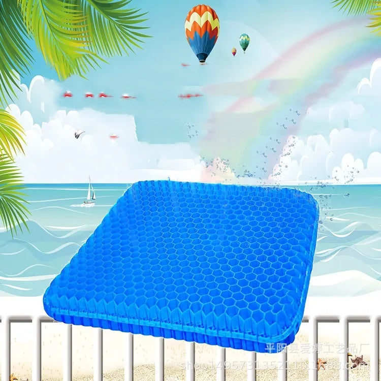 Solid colour gel seat cushion with honeycomb pattern, showing removable cover and dimensions 24.5x17.5cm