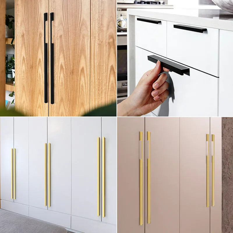 Gold T-shaped aluminium alloy single-hole cabinet handle showing three size options.
