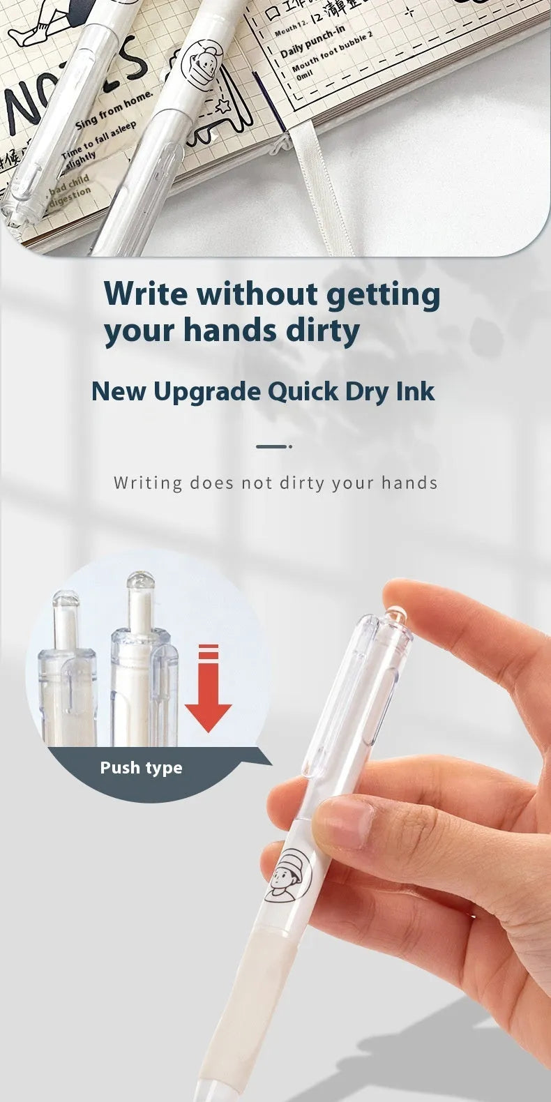 Five black ballpoint pens with press mechanism and 0.5mm quick-drying ink for student exams