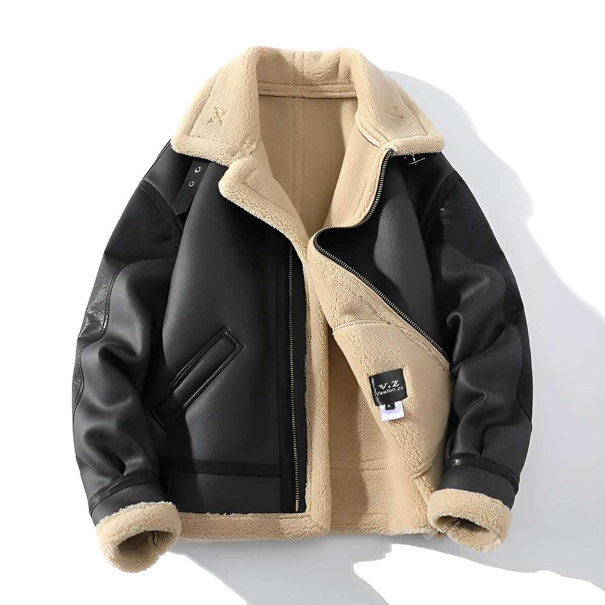 Men's winter fleece-lined short sheepskin PU leather coat in black, retro style, sizes M to 5XL