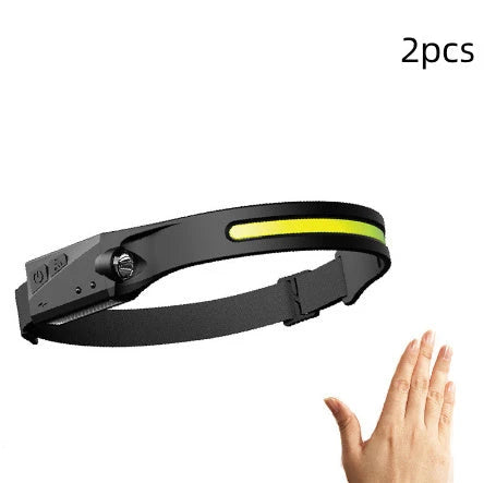 A hands-free LED headlamp with induction activation, wide-angle beam, and powerful illumination for outdoor adventures.