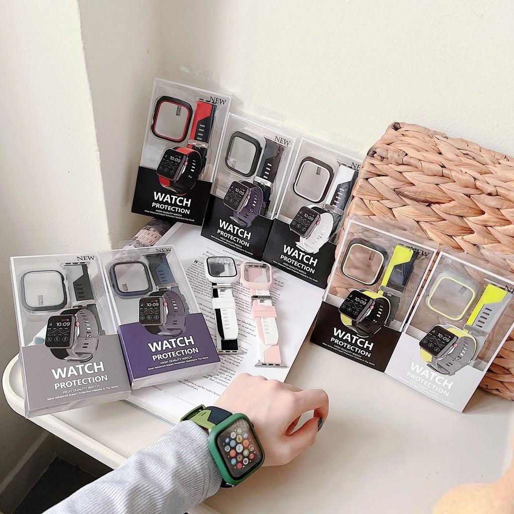 Silicone Apple Watch strap and matching protective case in black and white, two-tone design, for 44mm case size