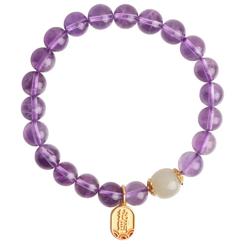 Women's amethyst crystal bracelet with 8mm geometric beads and national style design elements
