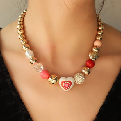 Heart peach pearl combination bracelet and necklace set with adjustable O-shaped chain