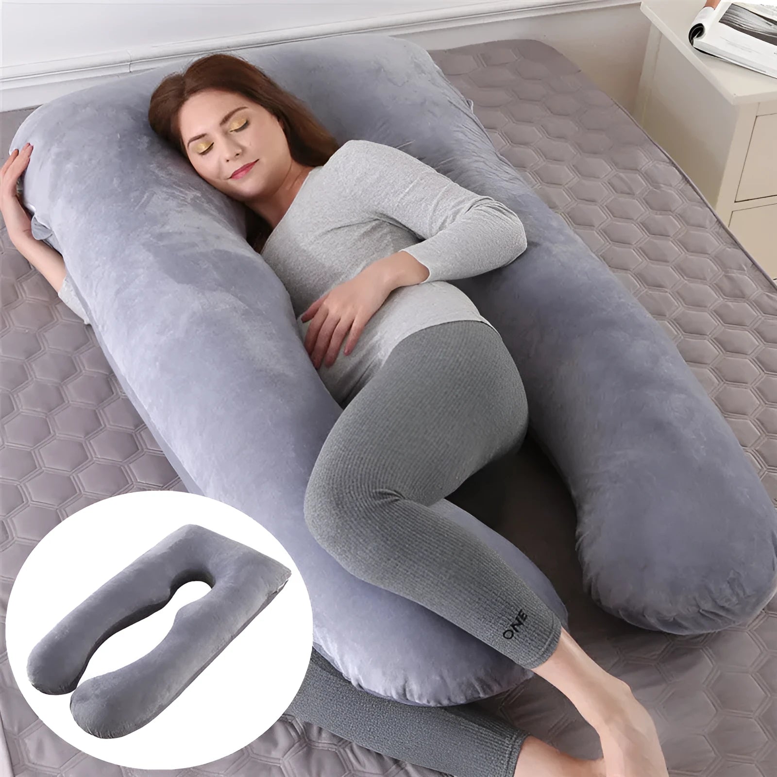 U-shaped ice silk pregnancy pillow in green colour showing 130x70cm dimensions