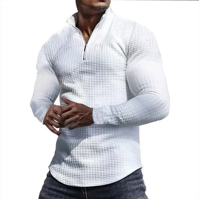 Men's stand collar half zip sweater in plaid pattern, polyester long sleeve, available in seven colours