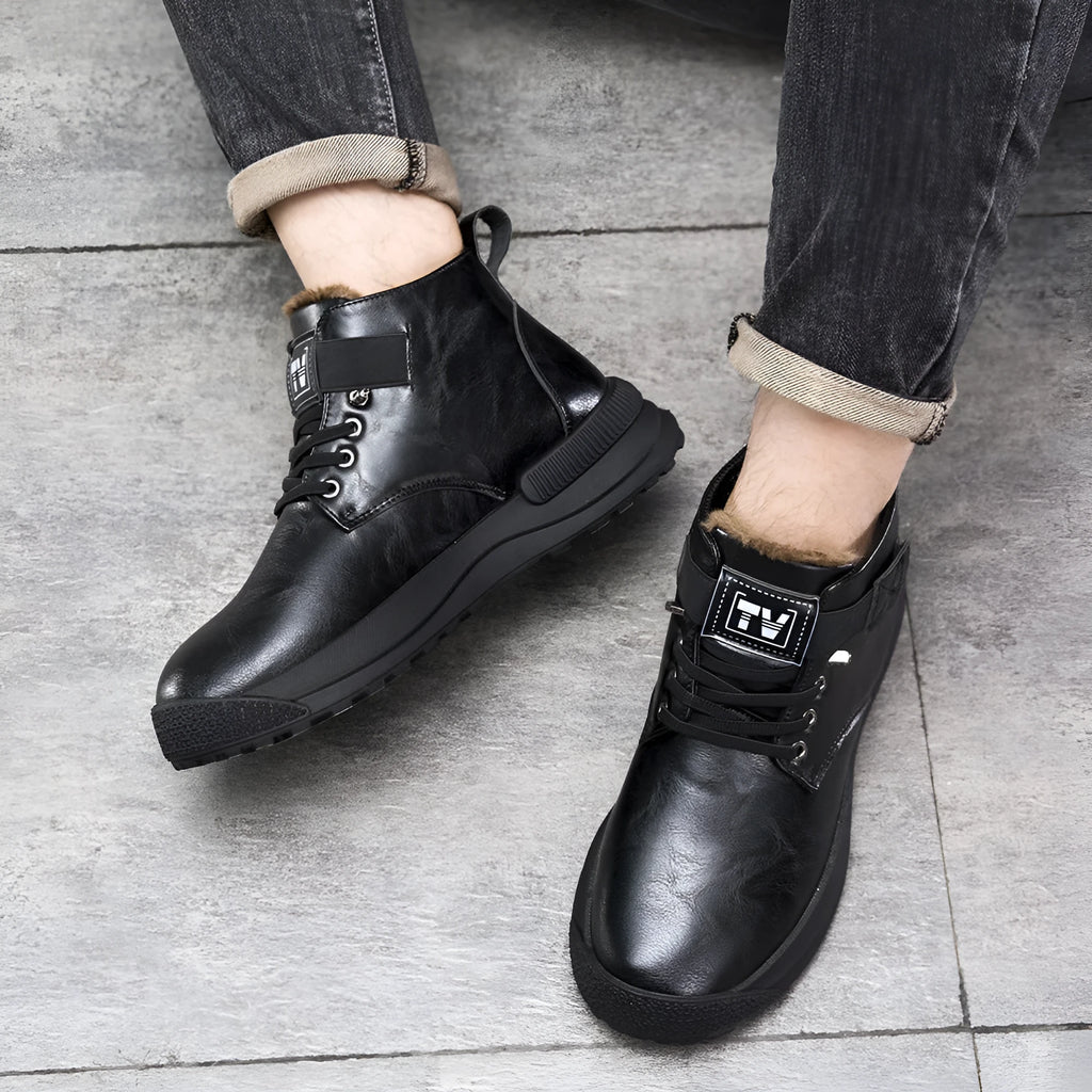 Black and brown Martin platform high-top boots with artificial PU upper and rubber sole