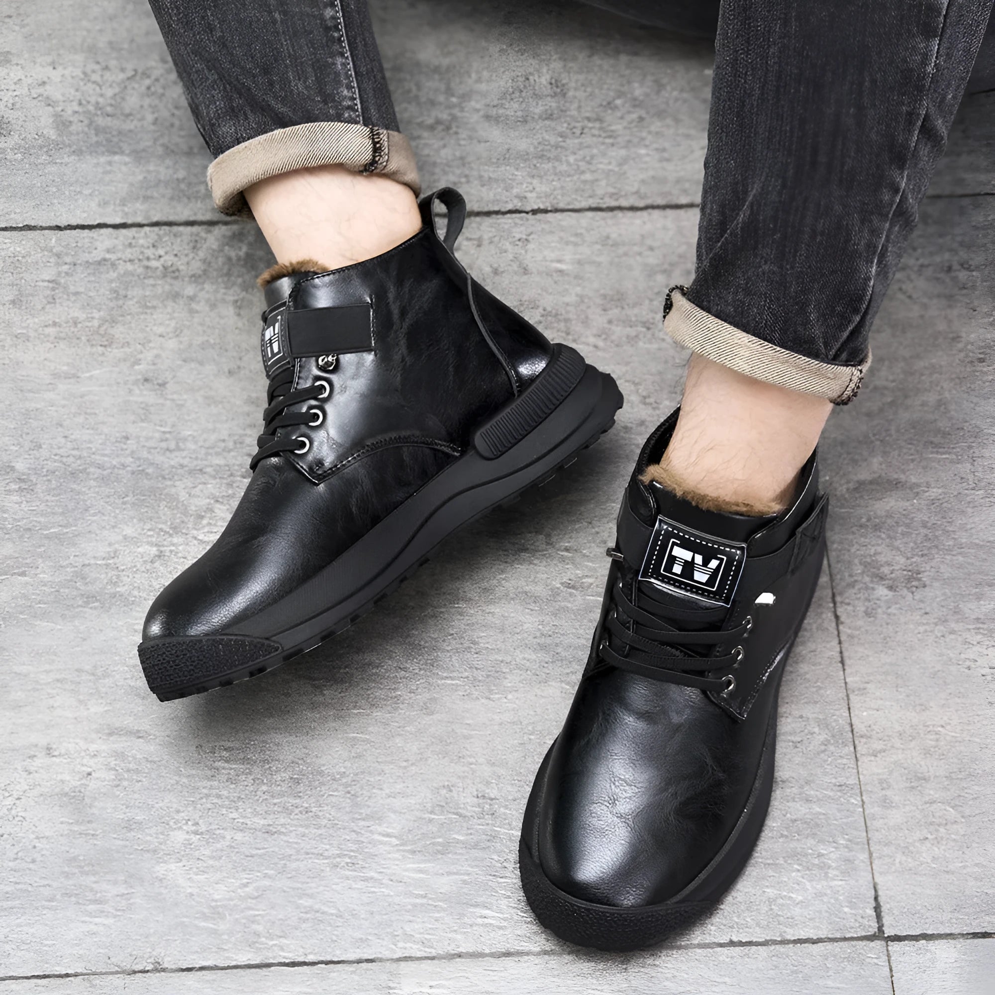 Black and brown Martin platform high-top boots with artificial PU upper and rubber sole