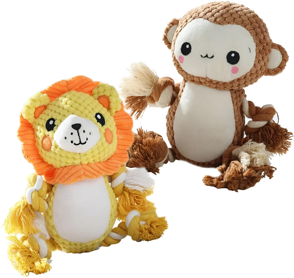 Lion and monkey plush squeaky dog toys for medium to large breeds
