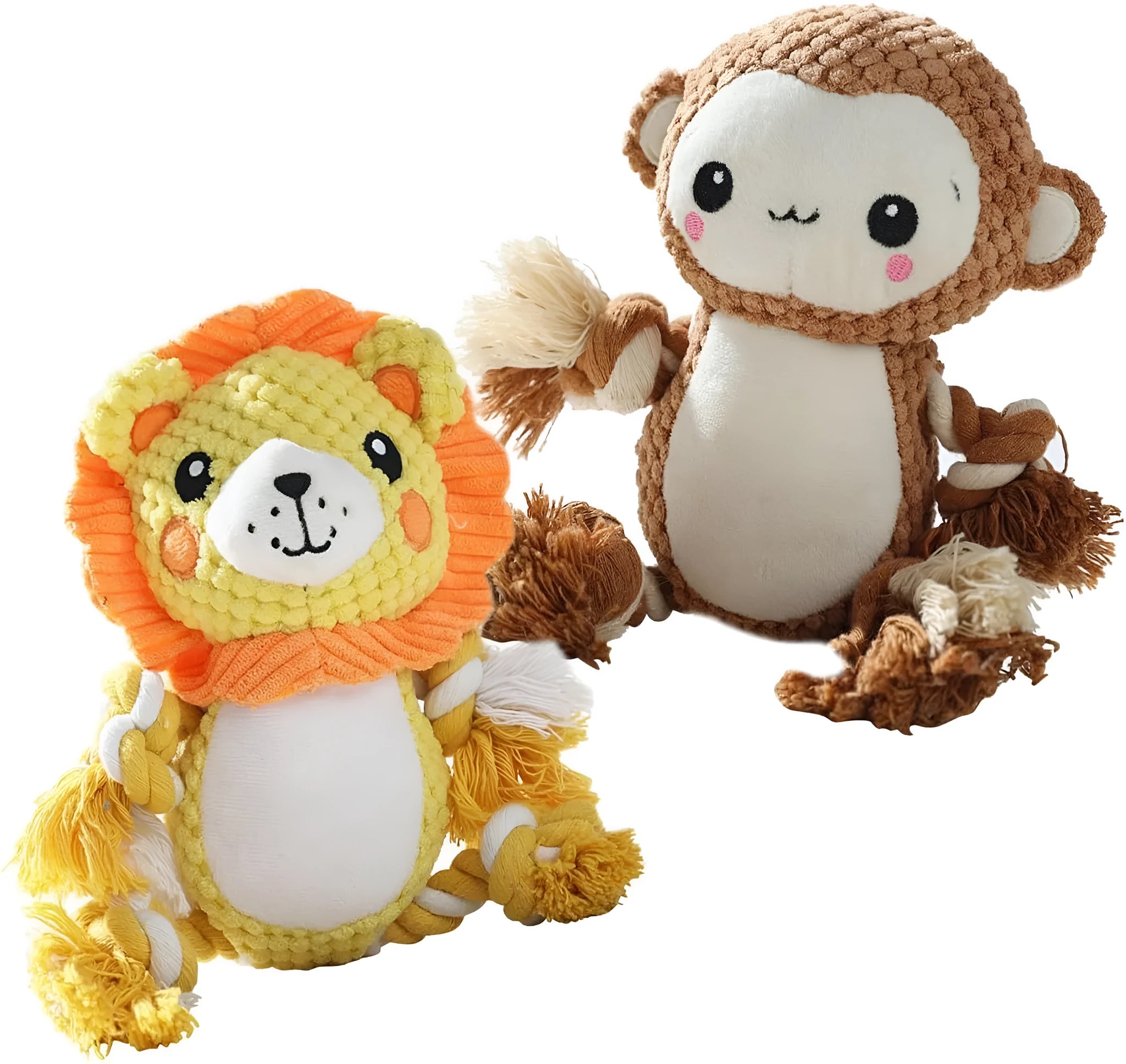 Lion and monkey plush squeaky dog toys for medium to large breeds