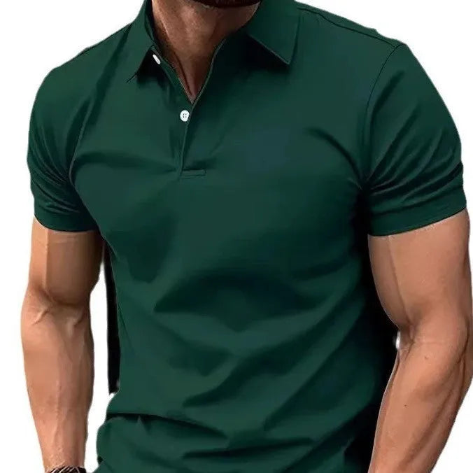 Men's slim fit casual short sleeve shirt in a solid colour on a hanger.
